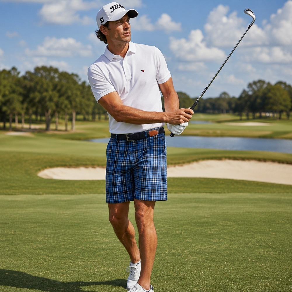 Tommy Hilfiger Plaid Shorts Mens Size 36 Blue Cotton Flat Front Golf Preppy